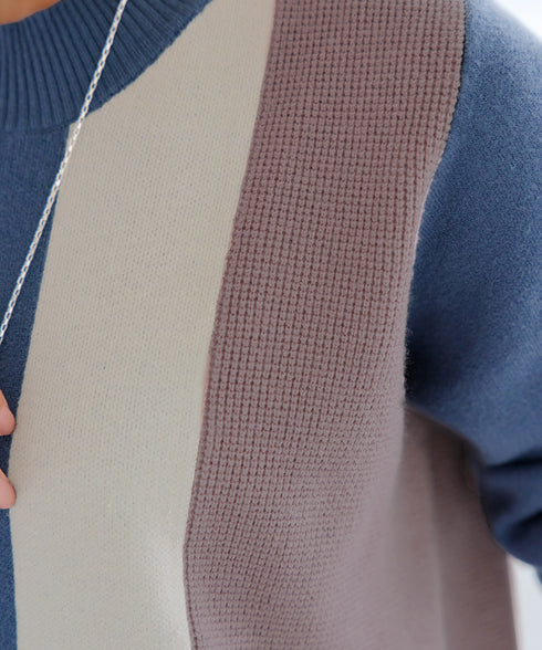配色ワッフル切替ニットチュニック