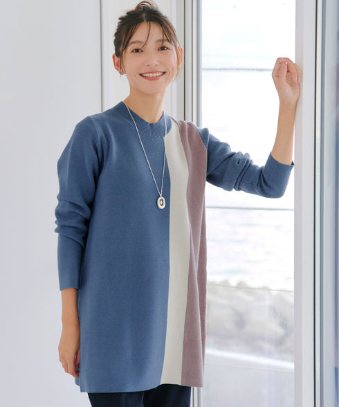 配色ワッフル切替ニットチュニック