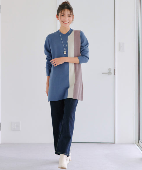 配色ワッフル切替ニットチュニック