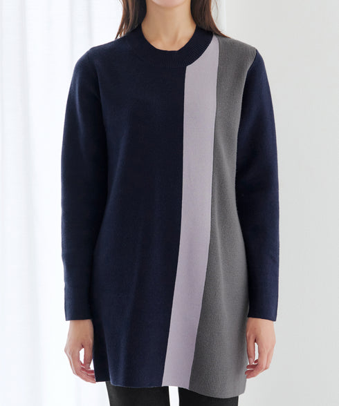 配色ワッフル切替ニットチュニック
