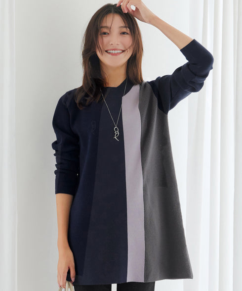 配色ワッフル切替ニットチュニック