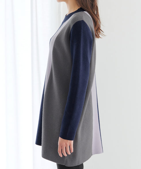 配色ワッフル切替ニットチュニック