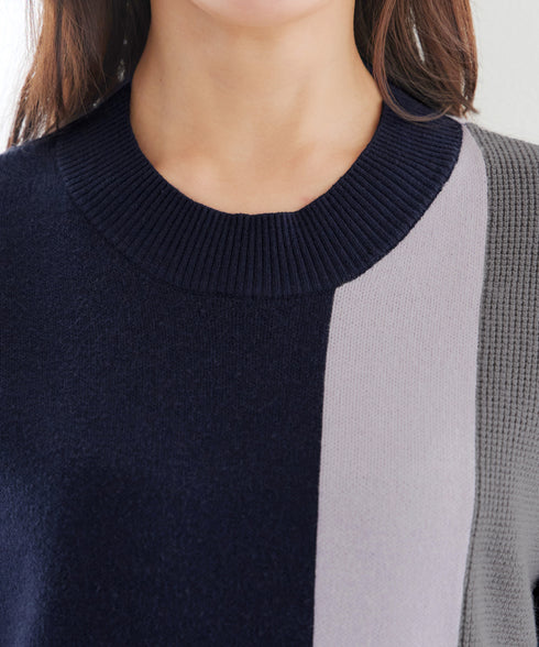 配色ワッフル切替ニットチュニック