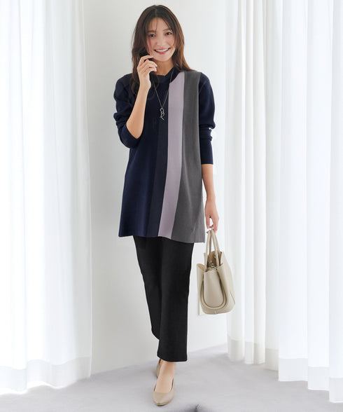 配色ワッフル切替ニットチュニック