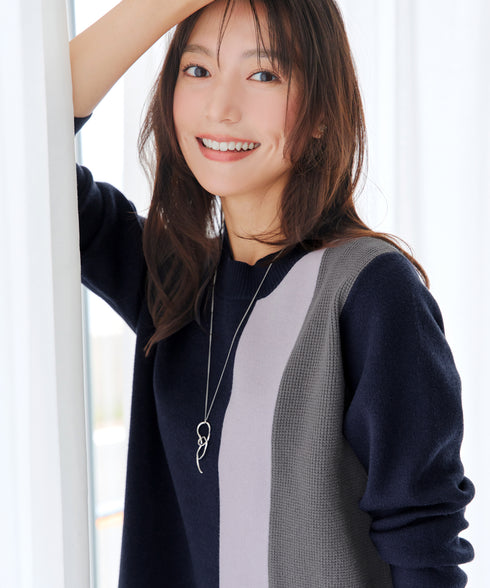 配色ワッフル切替ニットチュニック