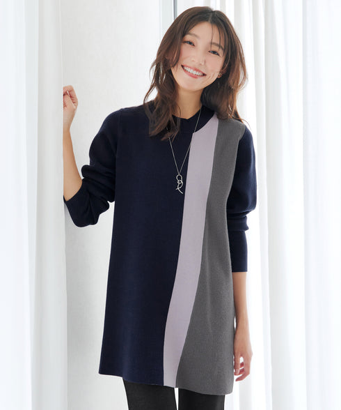 配色ワッフル切替ニットチュニック