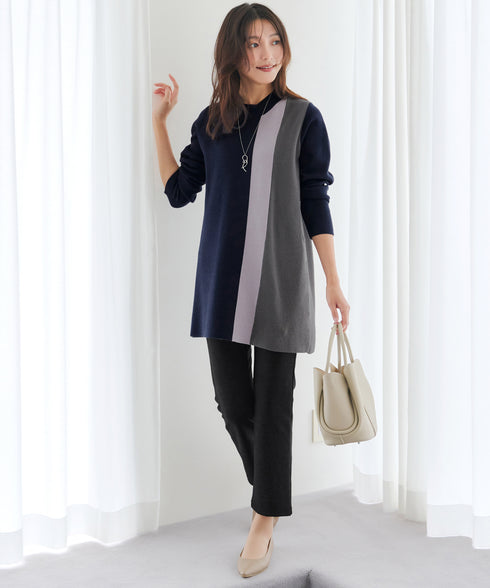 配色ワッフル切替ニットチュニック