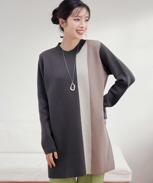 配色ワッフル切替ニットチュニック