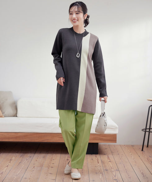 配色ワッフル切替ニットチュニック