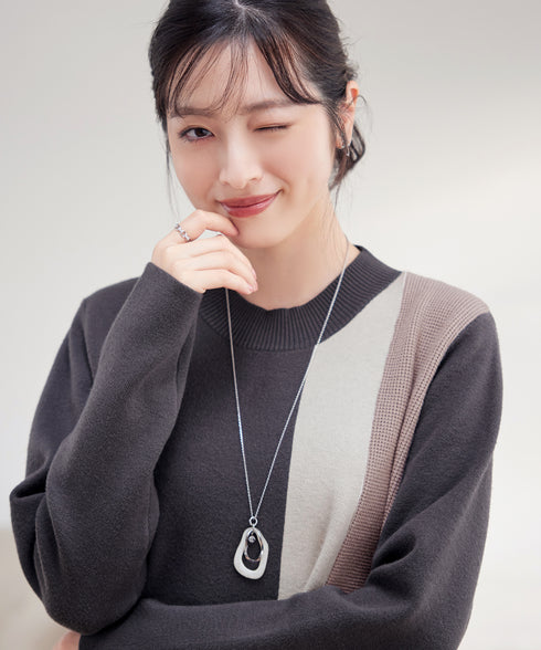 配色ワッフル切替ニットチュニック