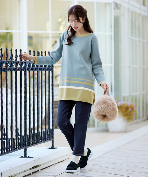 【クリアランスセール】カラー配色ニットチュニック