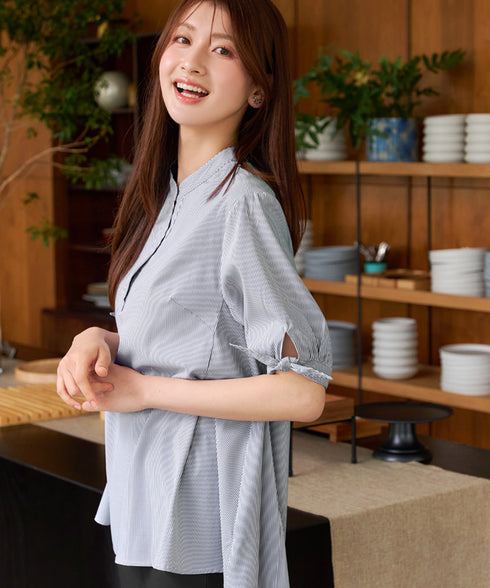 袖リボンストライプシャツチュニック
