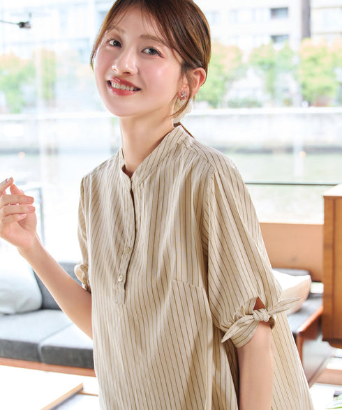 袖リボンストライプシャツチュニック