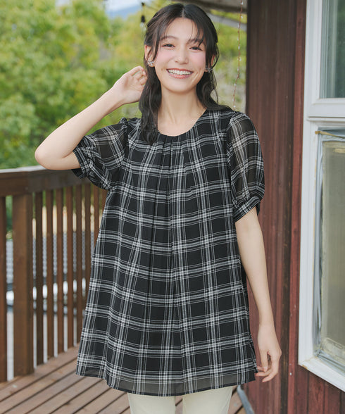 シフォンチェックパフスリーブチュニック