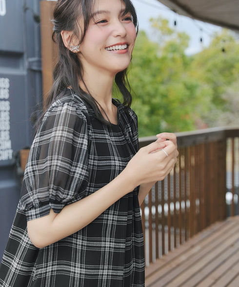 シフォンチェックパフスリーブチュニック