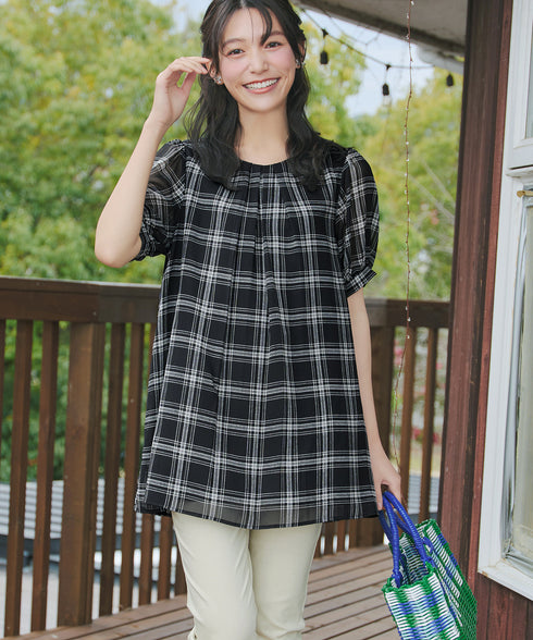 シフォンチェックパフスリーブチュニック