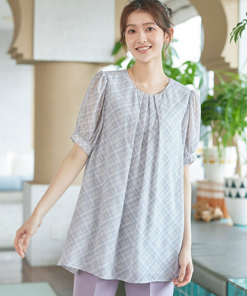 シフォンチェックパフスリーブチュニック