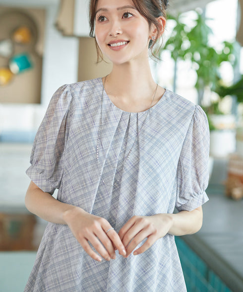 シフォンチェックパフスリーブチュニック