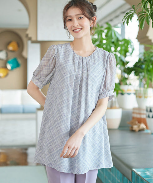 シフォンチェックパフスリーブチュニック