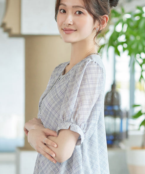 シフォンチェックパフスリーブチュニック