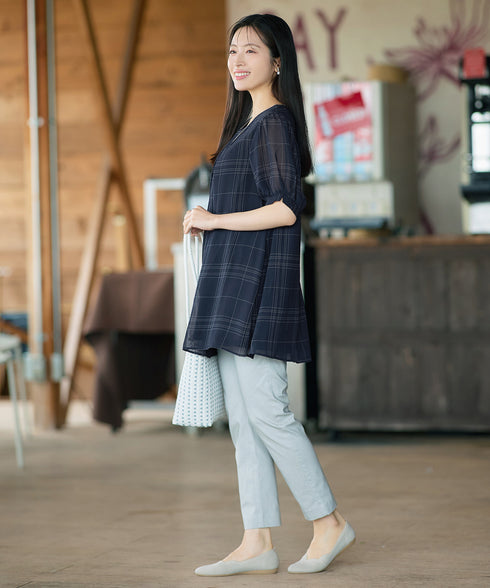 シフォンチェックパフスリーブチュニック