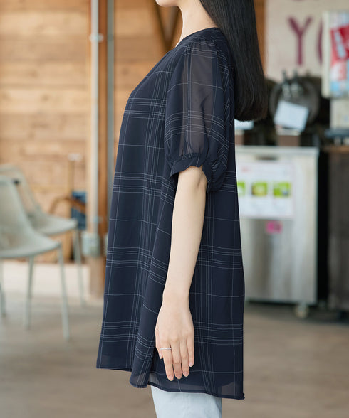 シフォンチェックパフスリーブチュニック