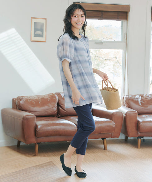 シフォンチェックパフスリーブチュニック