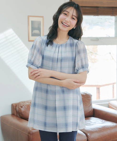 シフォンチェックパフスリーブチュニック