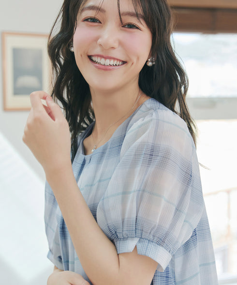 シフォンチェックパフスリーブチュニック