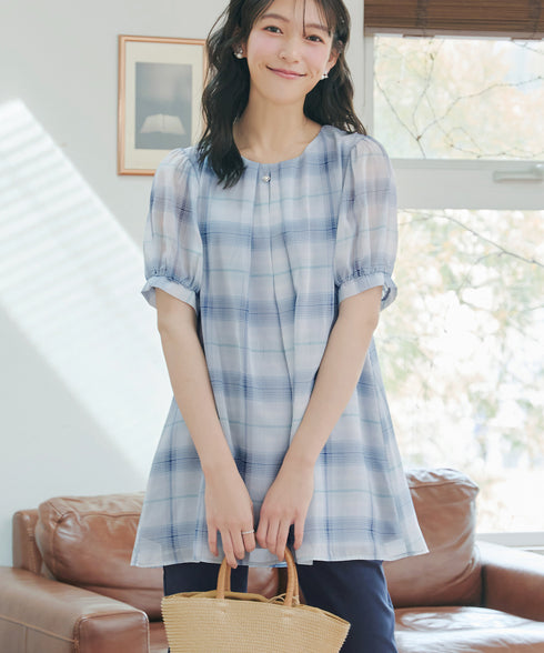 シフォンチェックパフスリーブチュニック