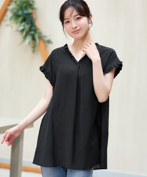 麻調フリル衿フレンチチュニック