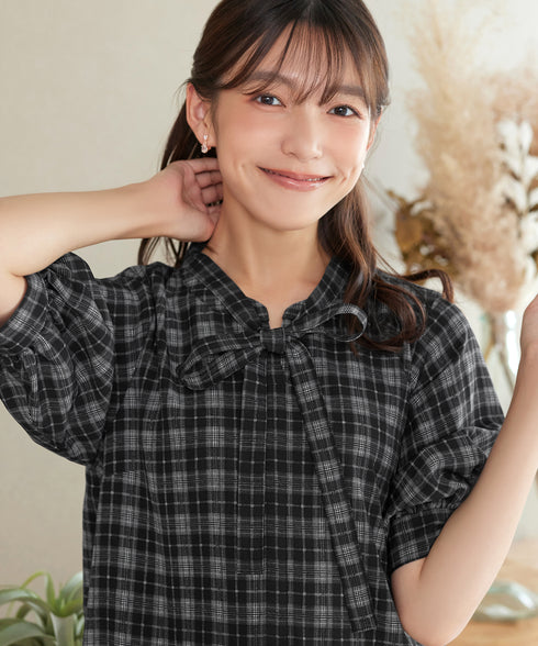 取り外しリボン襟プリント柄ティアードチュニック