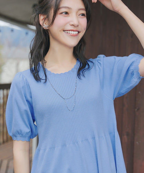 リブ切替スカラップニットチュニック