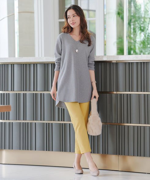 【安田美沙子さん着用】シンプルできれいシルエット、ラウンドヘムニットチュニック