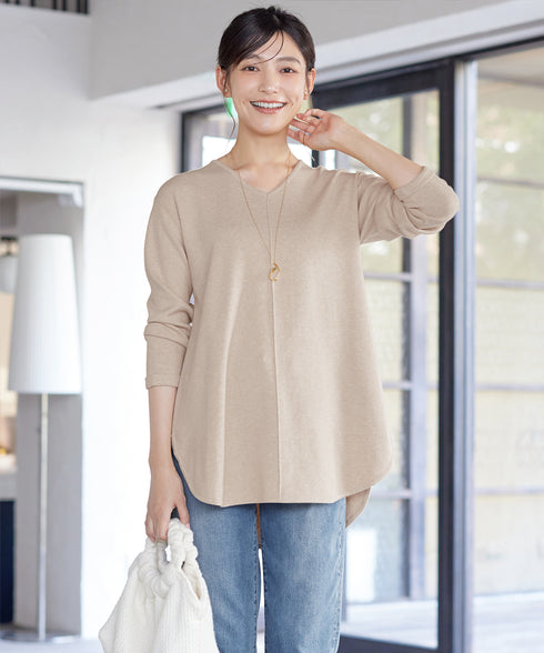 【安田美沙子さん着用】シンプルできれいシルエット、ラウンドヘムニットチュニック