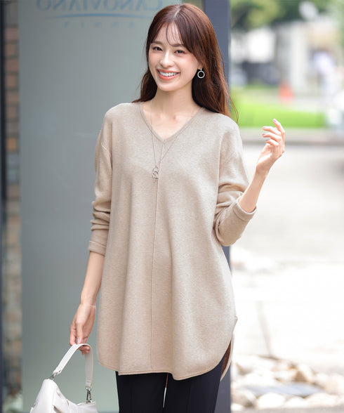 【安田美沙子さん着用】シンプルできれいシルエット、ラウンドヘムニットチュニック