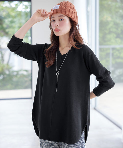 【安田美沙子さん着用】シンプルできれいシルエット、ラウンドヘムニットチュニック