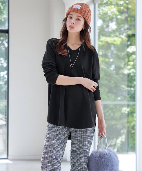 【安田美沙子さん着用】シンプルできれいシルエット、ラウンドヘムニットチュニック