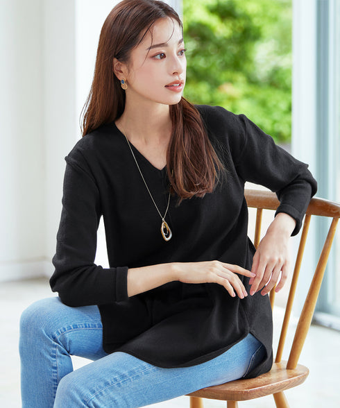【安田美沙子さん着用】シンプルできれいシルエット、ラウンドヘムニットチュニック