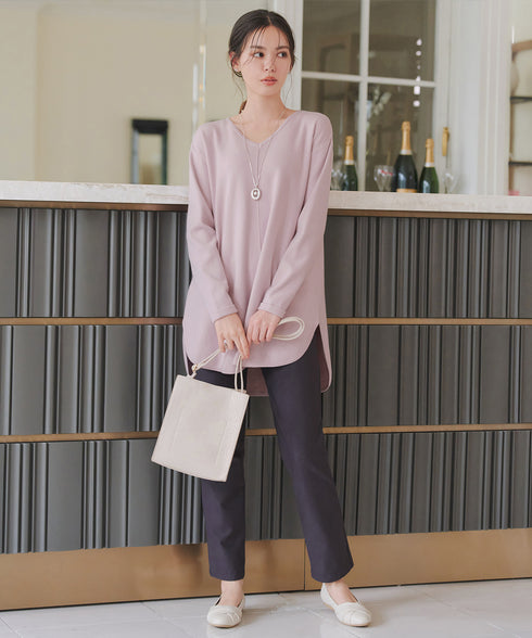 【安田美沙子さん着用】シンプルできれいシルエット、ラウンドヘムニットチュニック