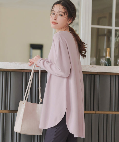 【安田美沙子さん着用】シンプルできれいシルエット、ラウンドヘムニットチュニック