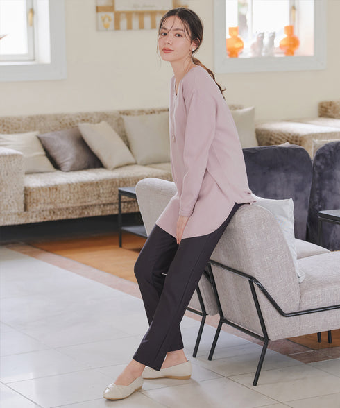 【安田美沙子さん着用】シンプルできれいシルエット、ラウンドヘムニットチュニック