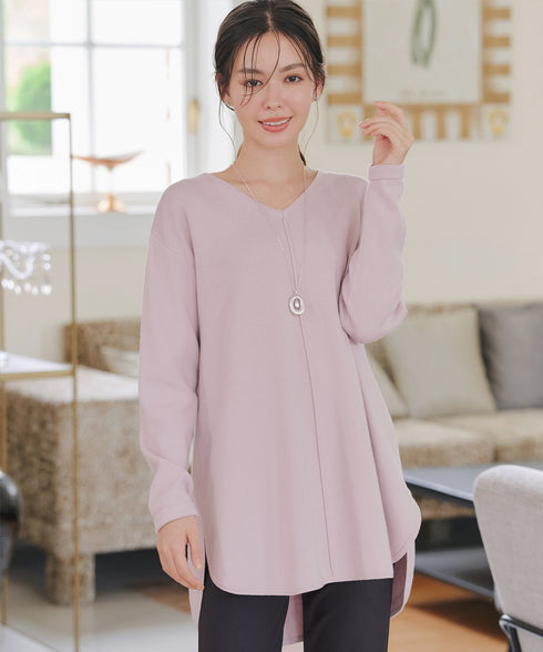 【安田美沙子さん着用】シンプルできれいシルエット、ラウンドヘムニットチュニック
