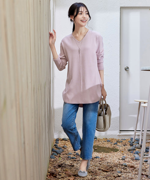 【安田美沙子さん着用】シンプルできれいシルエット、ラウンドヘムニットチュニック