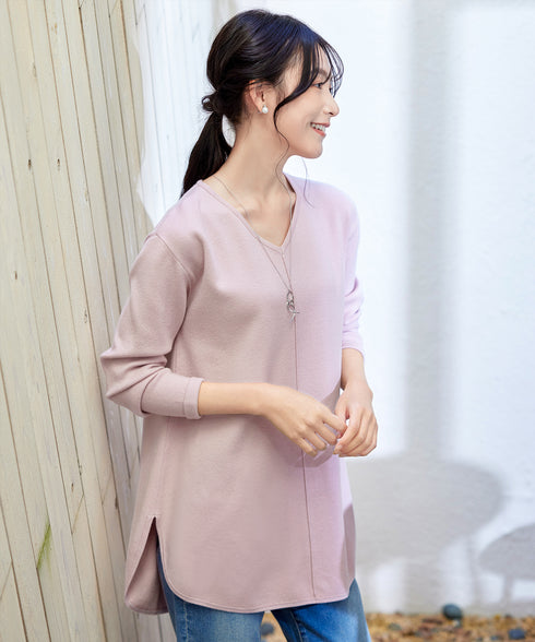 【安田美沙子さん着用】シンプルできれいシルエット、ラウンドヘムニットチュニック