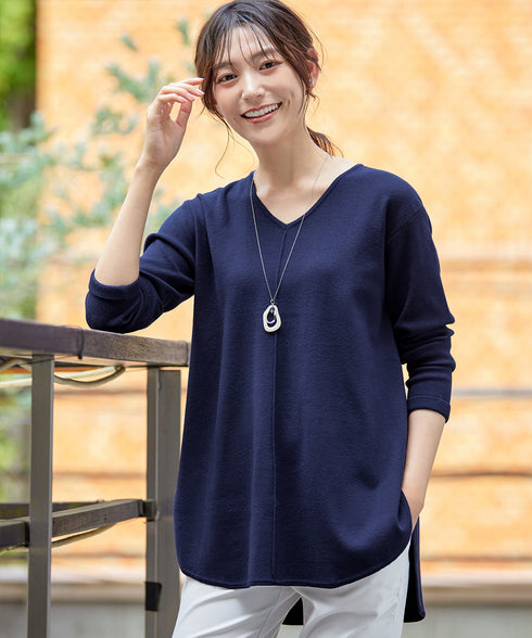 【安田美沙子さん着用】シンプルできれいシルエット、ラウンドヘムニットチュニック