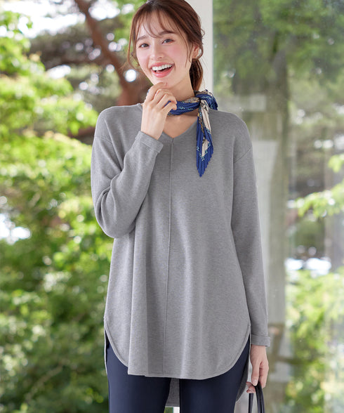 【安田美沙子さん着用】シンプルできれいシルエット、ラウンドヘムニットチュニック
