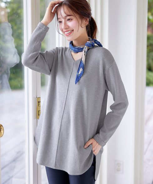【安田美沙子さん着用】シンプルできれいシルエット、ラウンドヘムニットチュニック