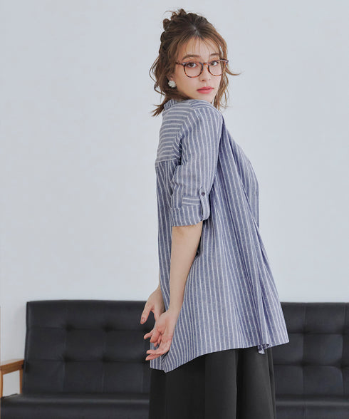 【新色追加】 バンドカラーシャツチュニックブラウス