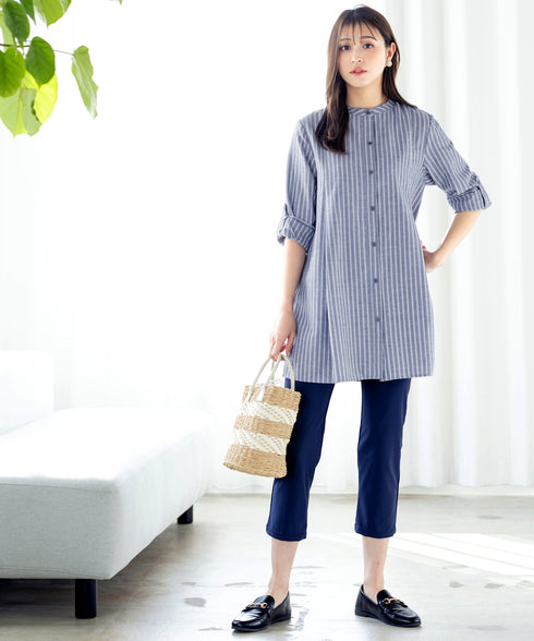 【新色追加】 バンドカラーシャツチュニックブラウス